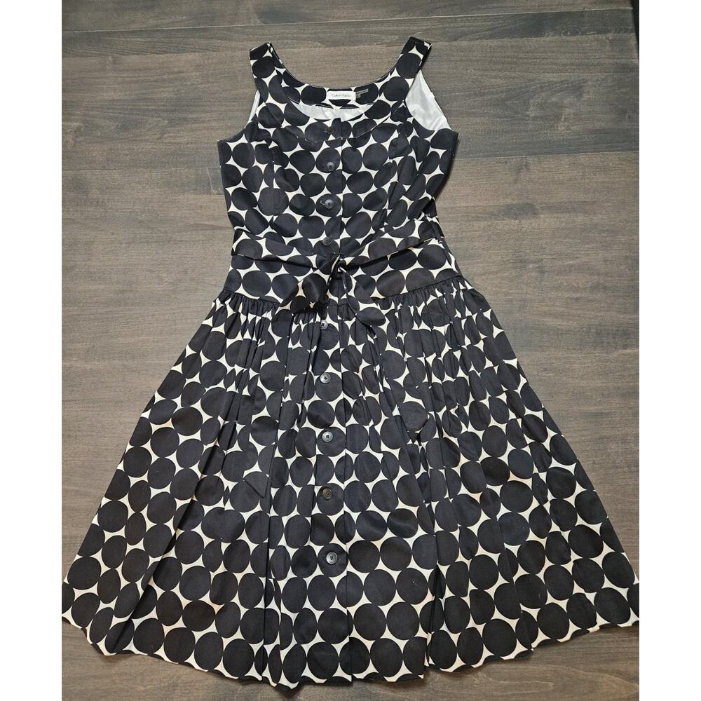 Calvin Klein Women's Polka Dot Dress Sz 2 Black and White Belt Button Sleeveless